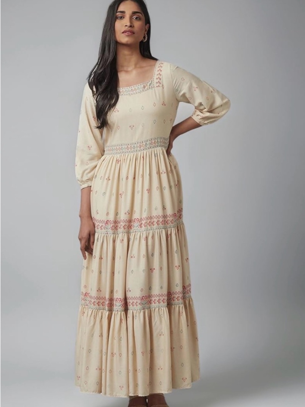 W for Woman Women Fit and Flare Ecru Tiered Floor Length Dress